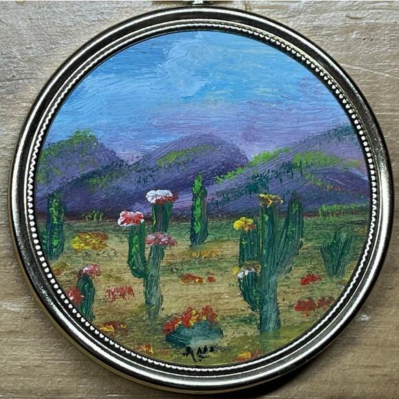 Beautiful Small Round Vintage Painting.Oil?Mountains Cactus Floral.Framed&Signed - Picture 1 of 5